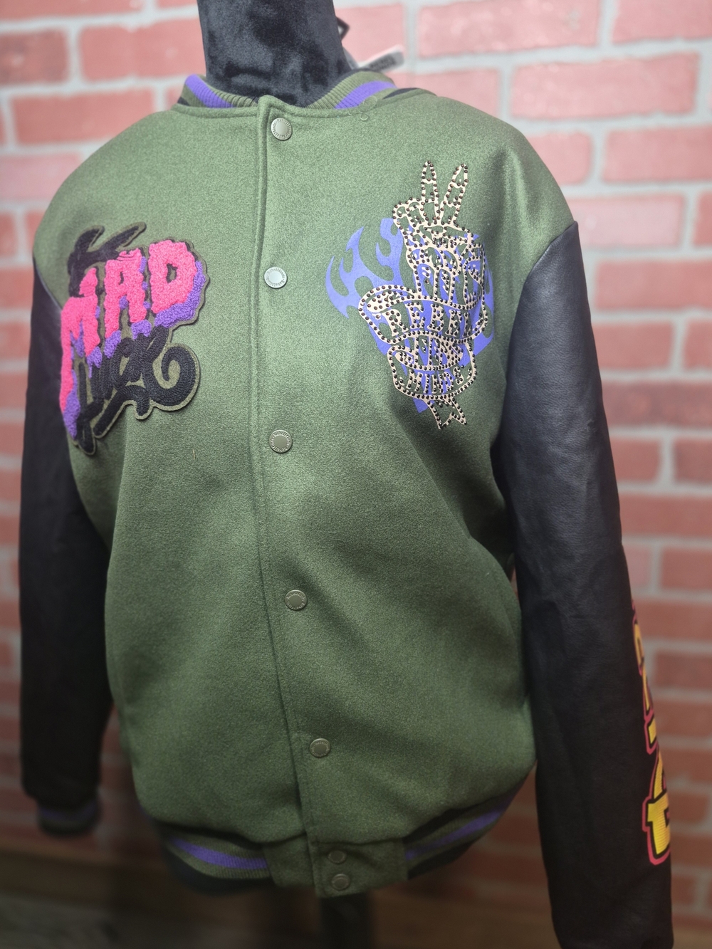 Rebels MindGreen & Black Varsity Jacket with Graphic Patches